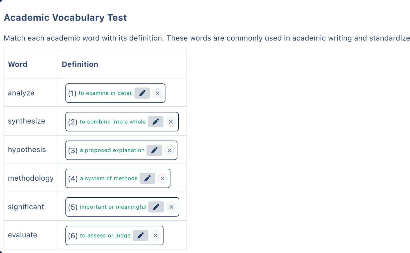A word-and-definition table in the Cloze Generator editor, where every definition has been turned into a fill-in-the-blank question